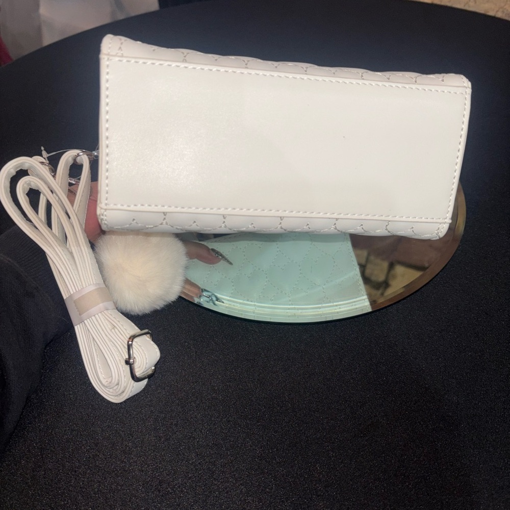 White Quilted Heart-Pattern Handbag with Pom Pom - Picture 7 of 7